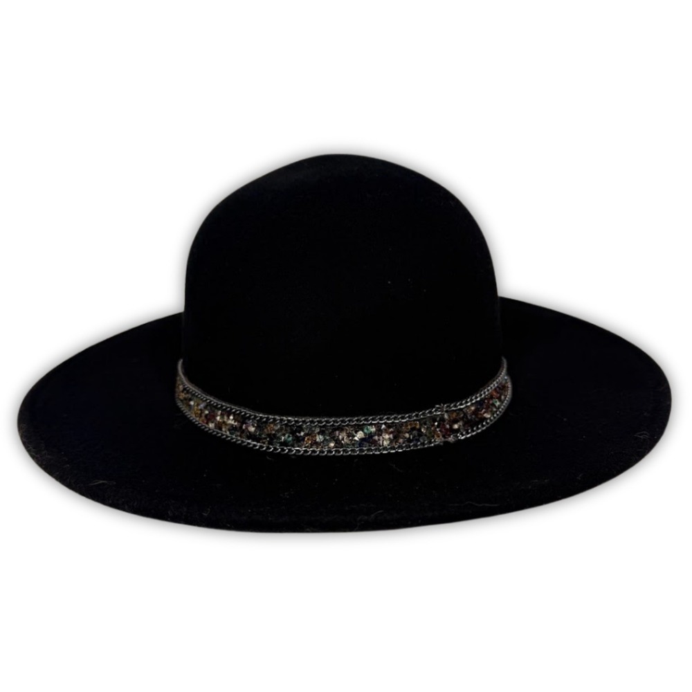 Adora Black 100% Wool Felt Wide Brim Cowgirl Fedora Hat Beaded Chain Band Ranch